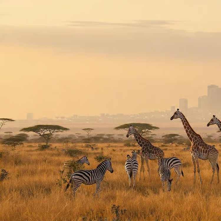 Giraffes and zebras on the plains with the Nairobi skyline behind, Nairobi National Park