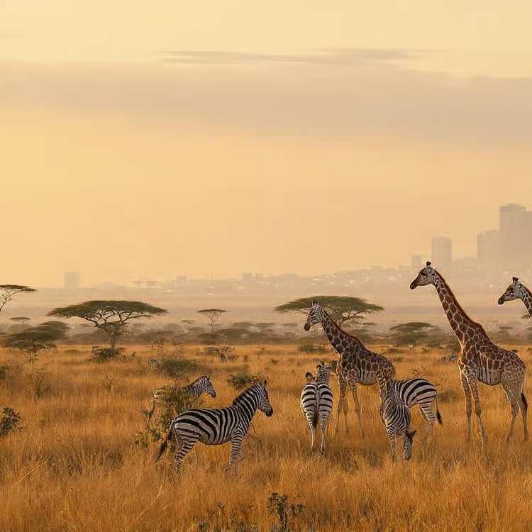 Giraffes and zebras on the plains with the Nairobi skyline behind, Nairobi National Park